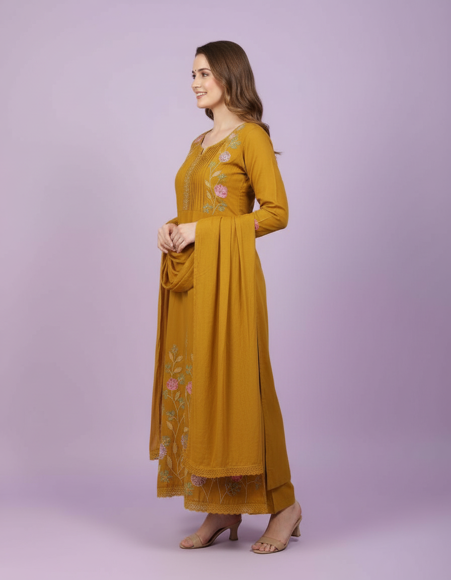 Radiant Mustard Anarkali Suit with Pastel Floral Embroidery & Scalloped Lace view 3