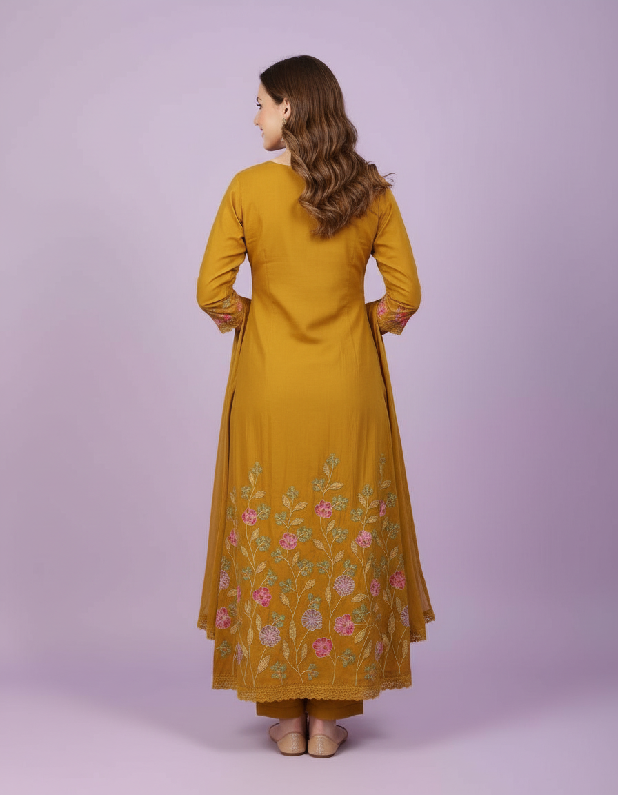 Radiant Mustard Anarkali Suit with Pastel Floral Embroidery & Scalloped Lace view 4