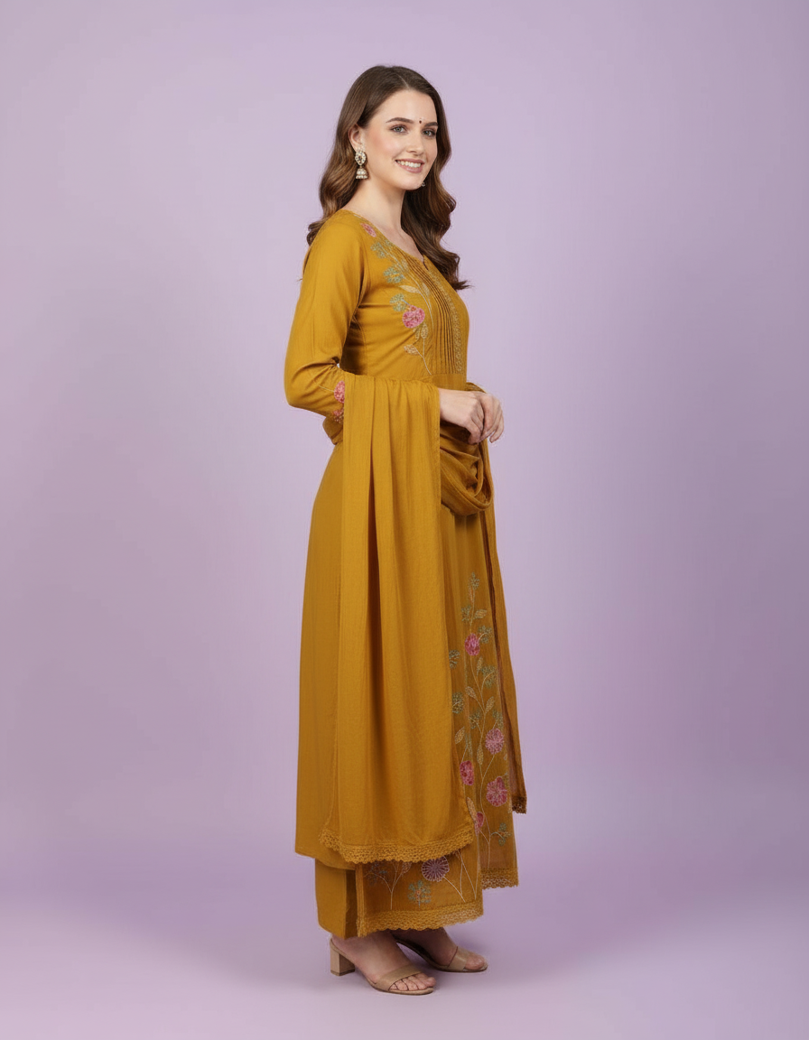 Radiant Mustard Anarkali Suit with Pastel Floral Embroidery & Scalloped Lace view 5