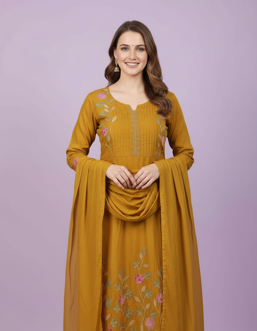Radiant Mustard Anarkali Suit with Pastel Floral Embroidery & Scalloped Lace view 2