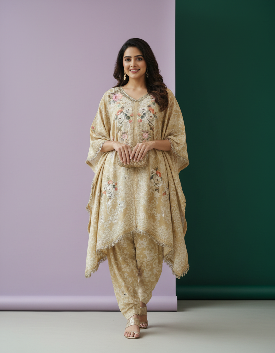 Luxurious Embroidered Kaftan with Tailored Trousers | Elegant Beige & Ivory Celebration Set view 6