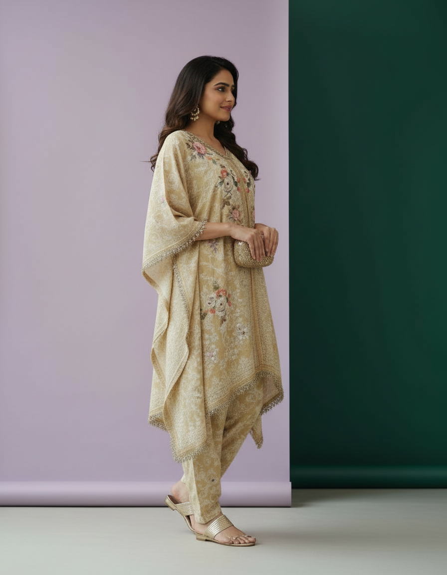 Luxurious Embroidered Kaftan with Tailored Trousers | Elegant Beige & Ivory Celebration Set view 3