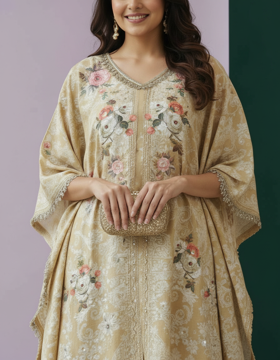 Luxurious Embroidered Kaftan with Tailored Trousers | Elegant Beige & Ivory Celebration Set view 2