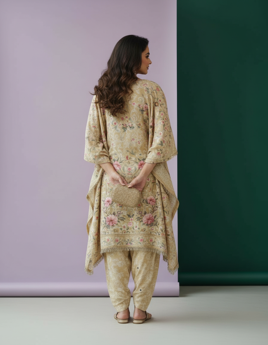 Luxurious Embroidered Kaftan with Tailored Trousers | Elegant Beige & Ivory Celebration Set view 4