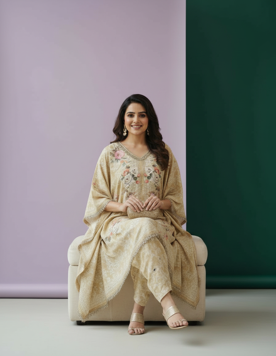 Luxurious Embroidered Kaftan with Tailored Trousers | Elegant Beige & Ivory Celebration Set view 5