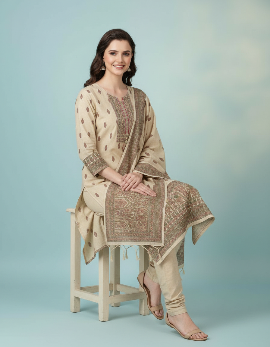 Vintage Grace Beige Hand-Block Print Salwar Suit Set view 6