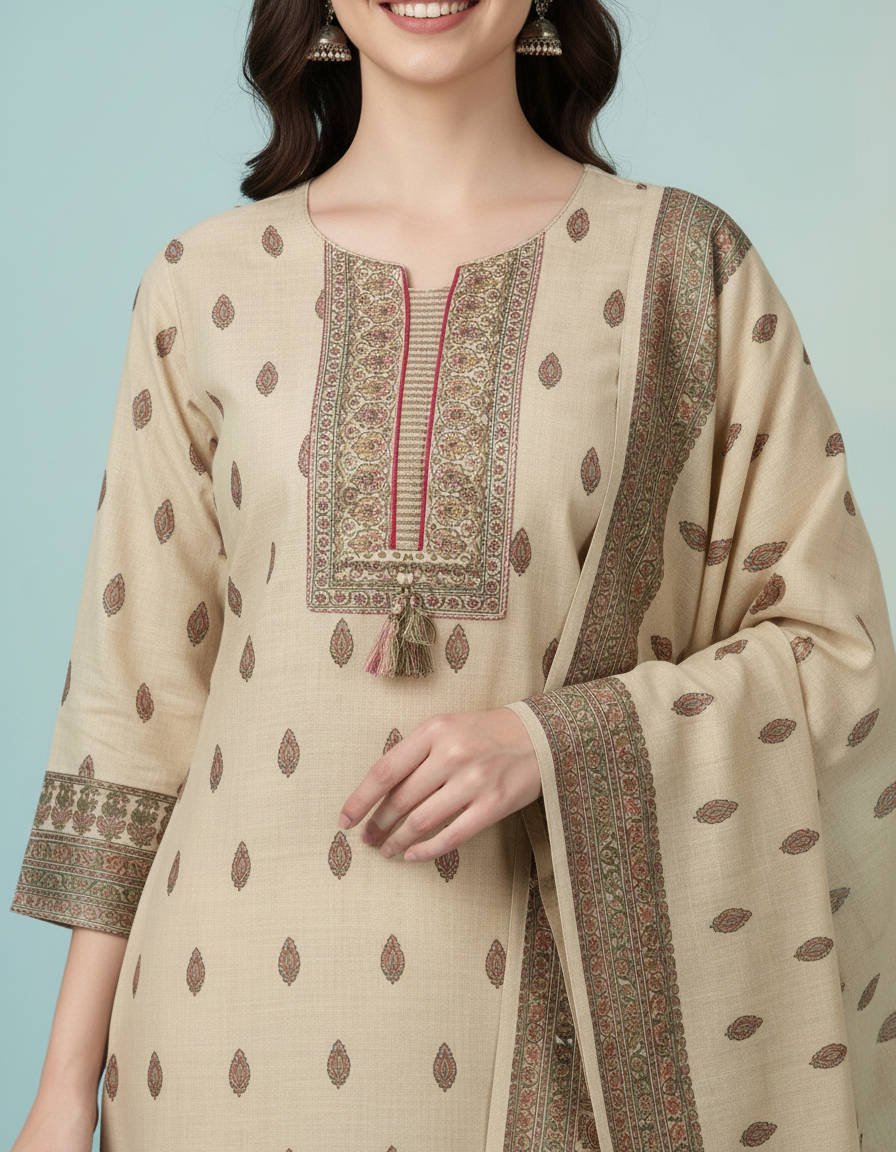 Vintage Grace Beige Hand-Block Print Salwar Suit Set view 4