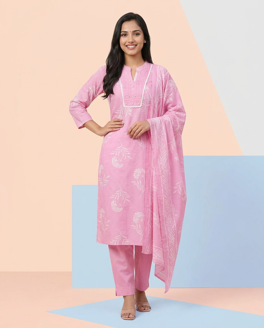 Powder Pink Floral Cotton Suit Set view 7