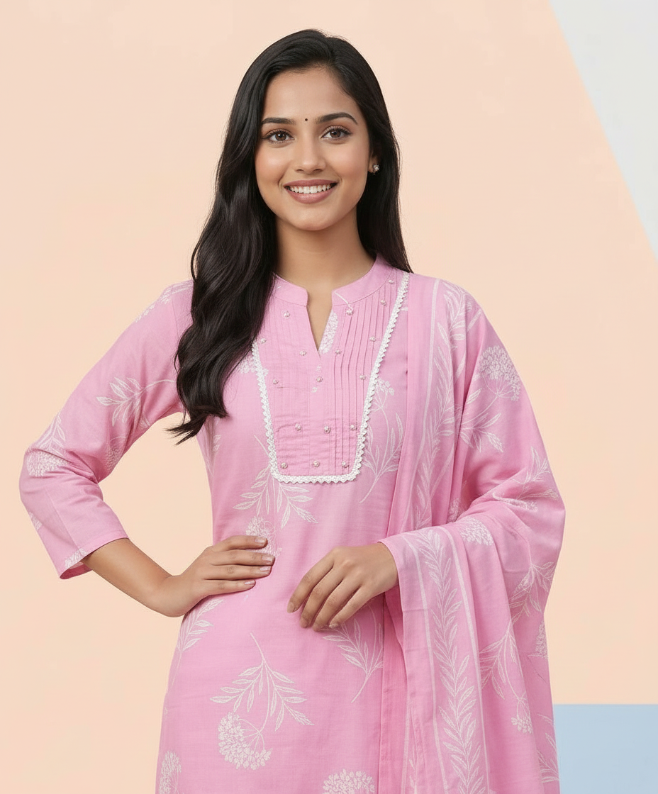 Powder Pink Floral Cotton Suit Set view 2