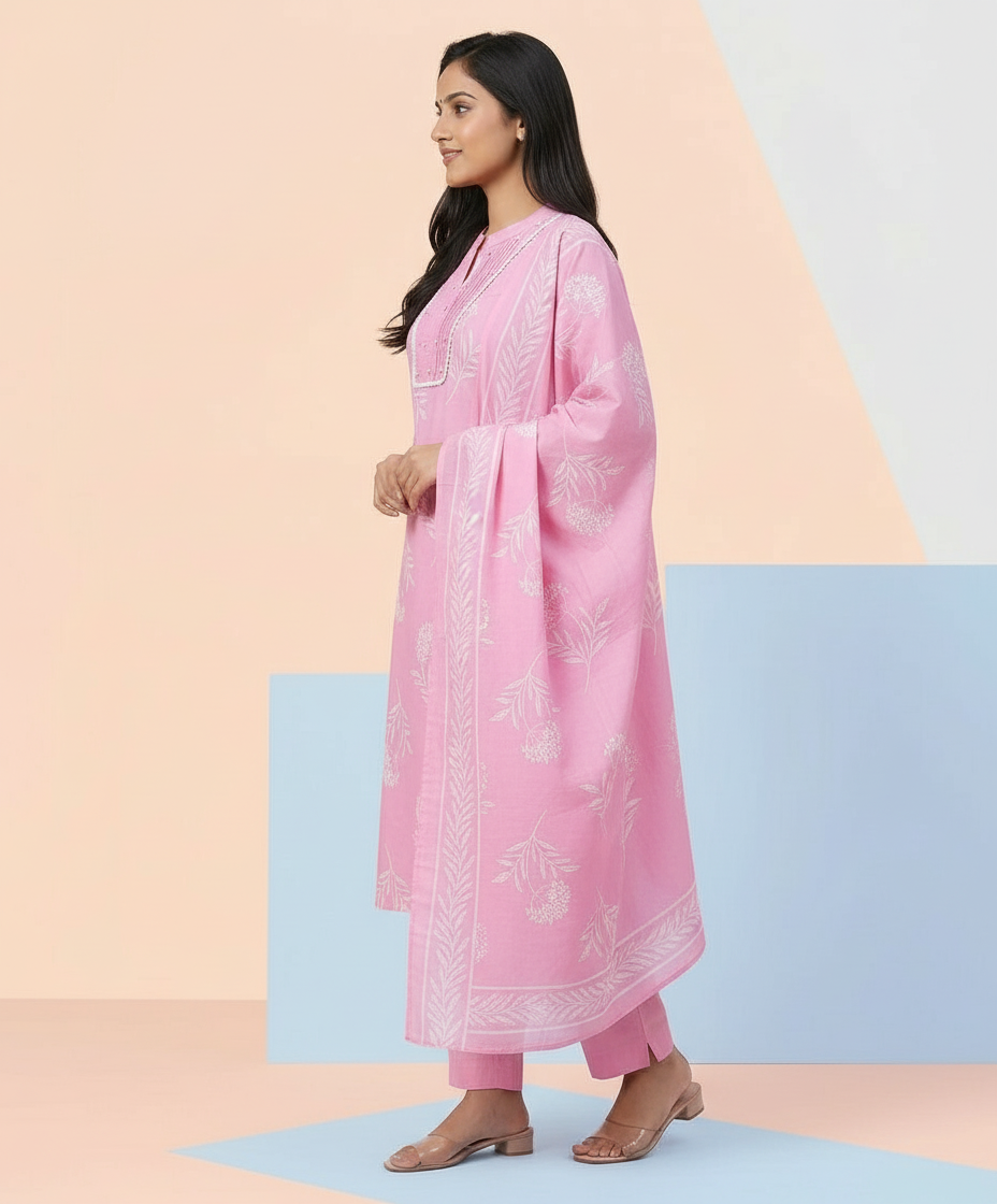 Powder Pink Floral Cotton Suit Set view 5