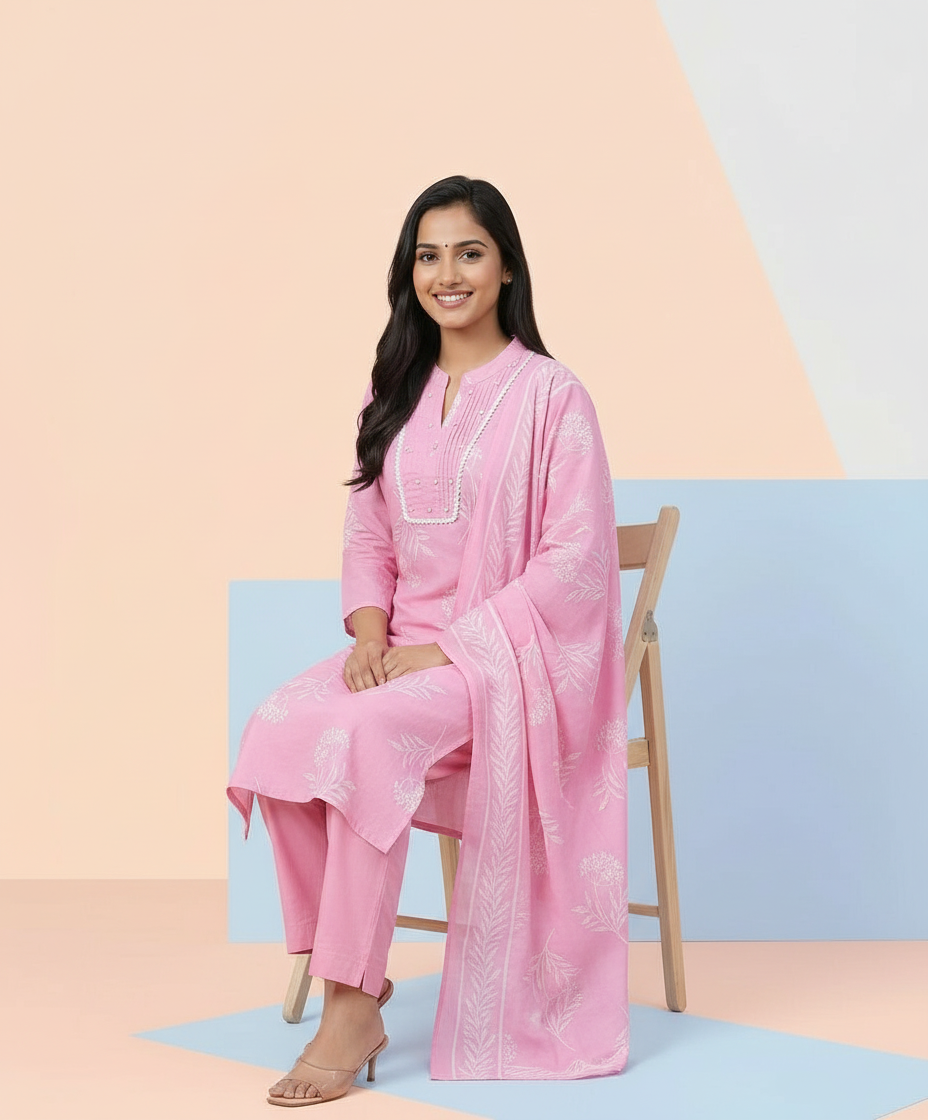 Powder Pink Floral Cotton Suit Set view 6
