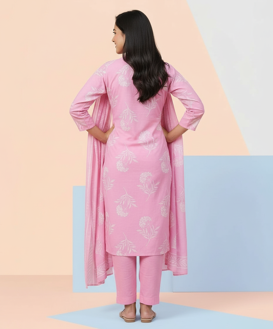 Powder Pink Floral Cotton Suit Set view 4