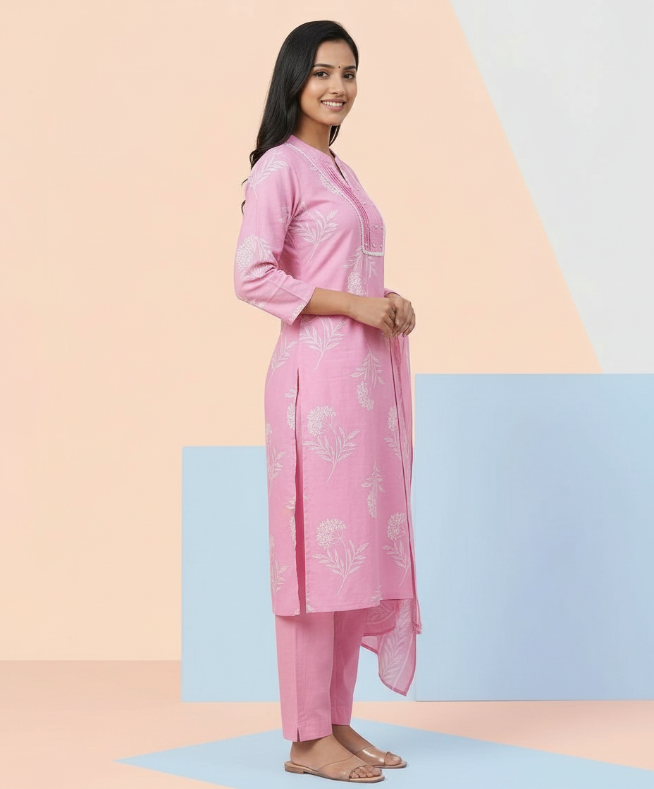 Powder Pink Floral Cotton Suit Set view 3