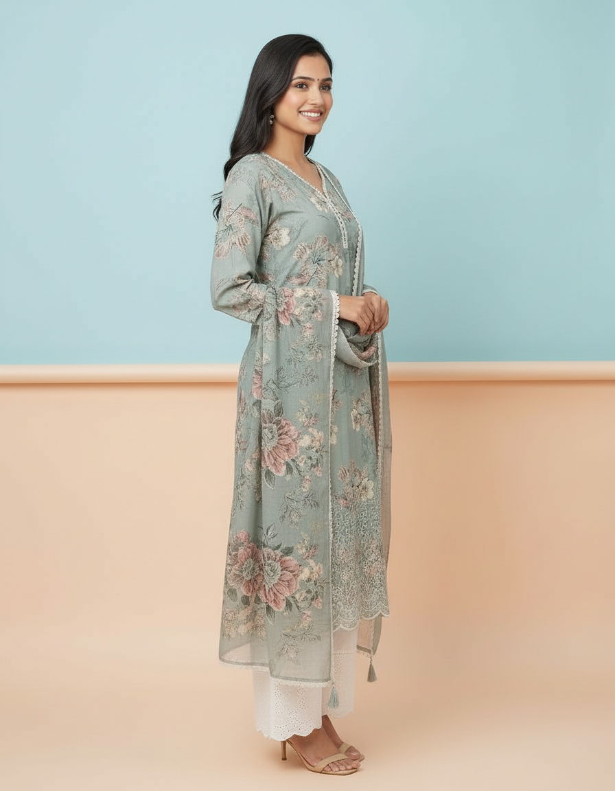 Floral Printed Kurta Set with Scalloped Embroidery view 2