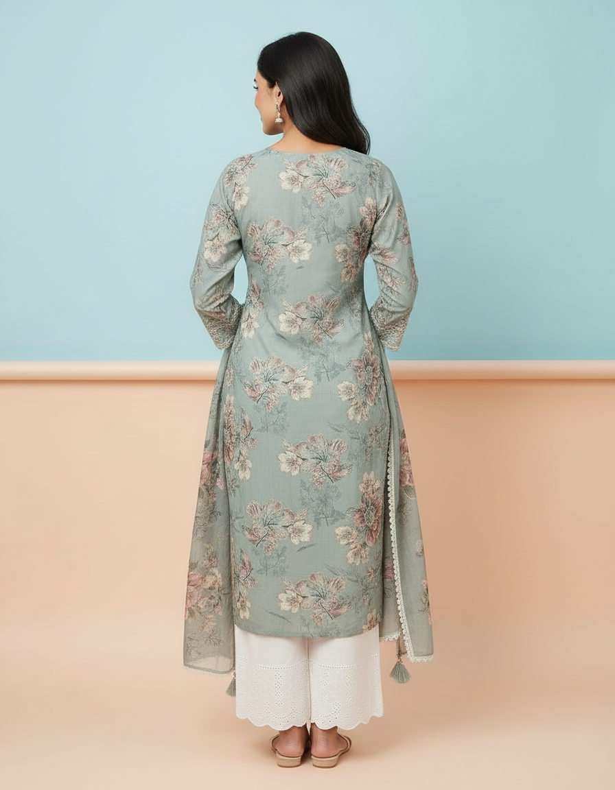 Floral Printed Kurta Set with Scalloped Embroidery view 5