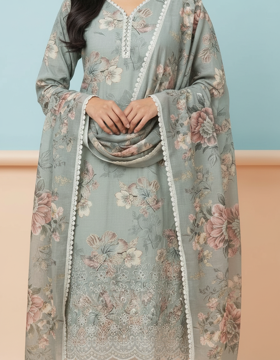 Floral Printed Kurta Set with Scalloped Embroidery view 3