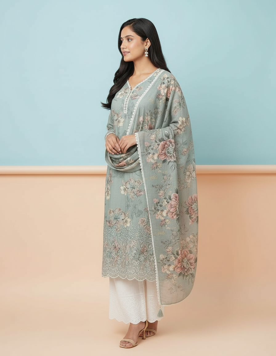 Floral Printed Kurta Set with Scalloped Embroidery view 4