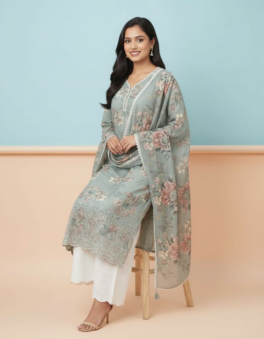 Floral Printed Kurta Set with Scalloped Embroidery view 6