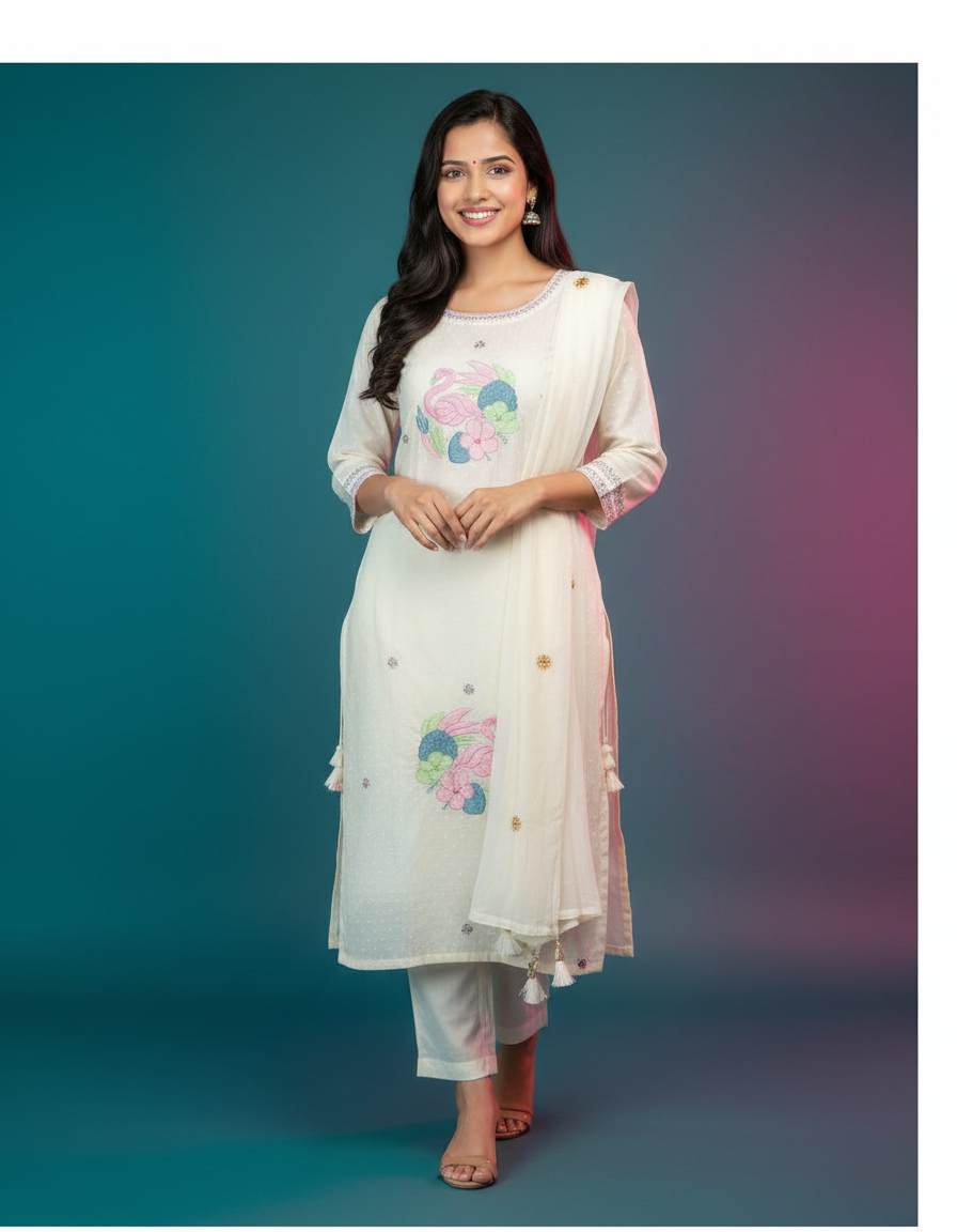 Hand-Embroidered Chanderi Silk Suit Set view 7