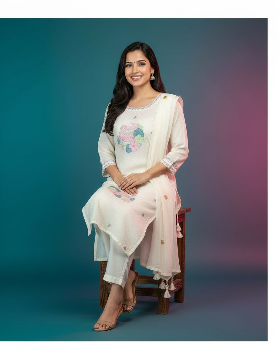 Hand-Embroidered Chanderi Silk Suit Set view 6