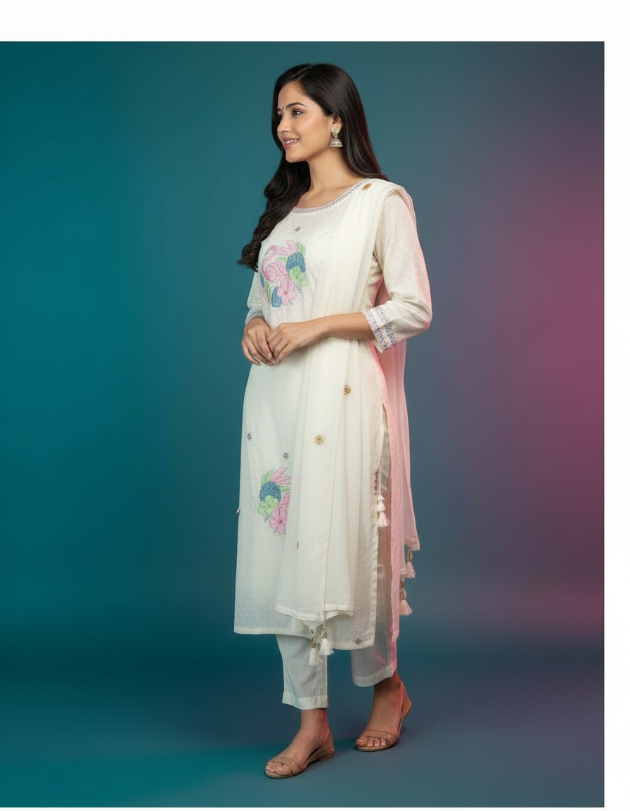 Hand-Embroidered Chanderi Silk Suit Set view 3