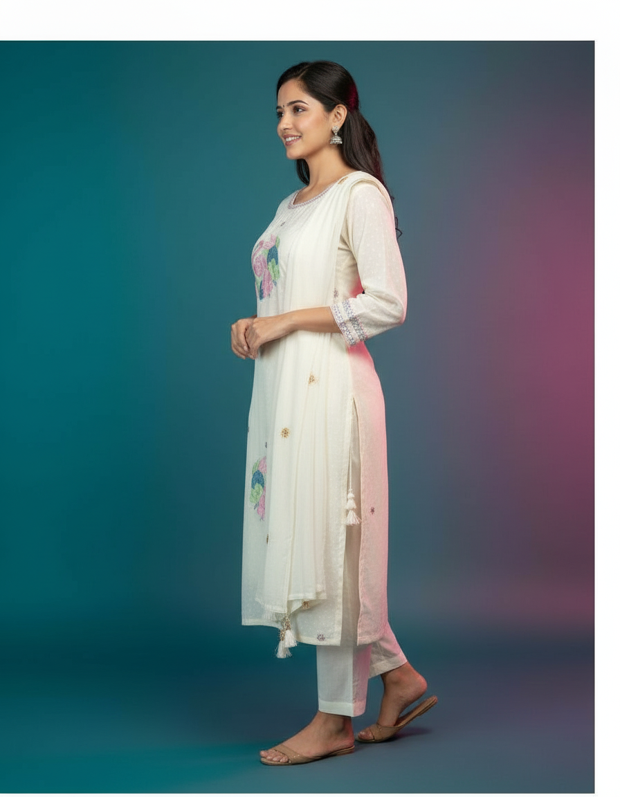 Hand-Embroidered Chanderi Silk Suit Set view 2