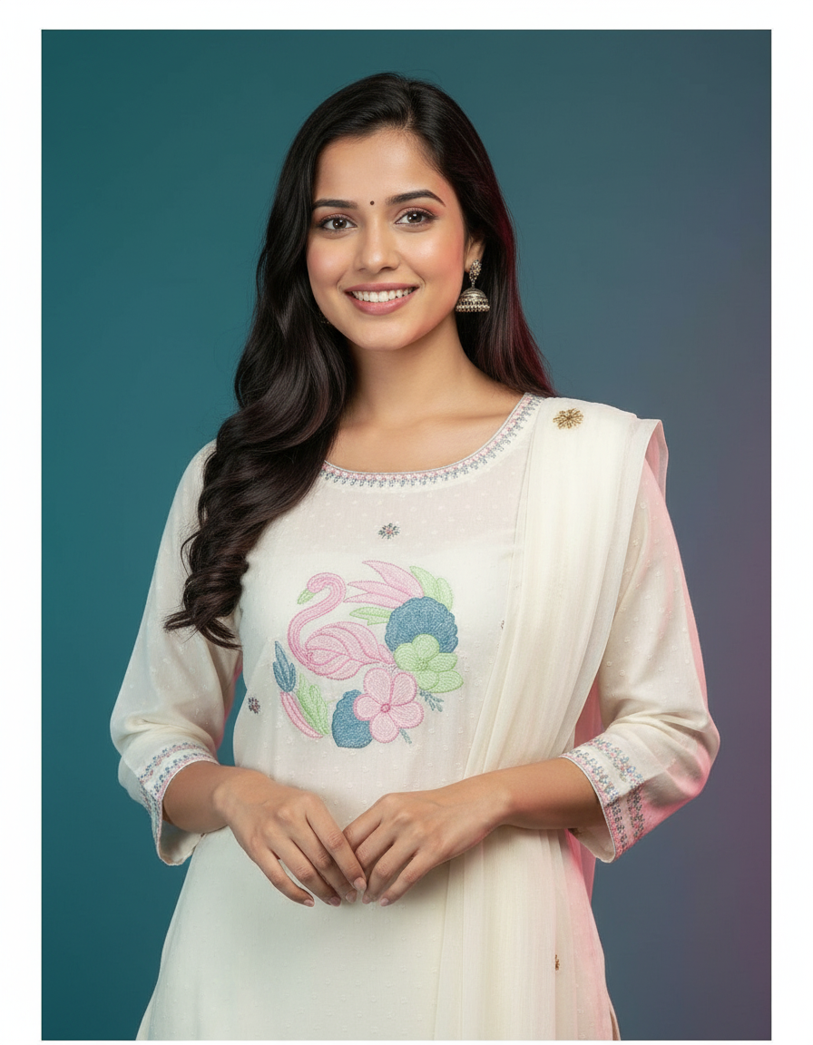 Hand-Embroidered Chanderi Silk Suit Set view 4