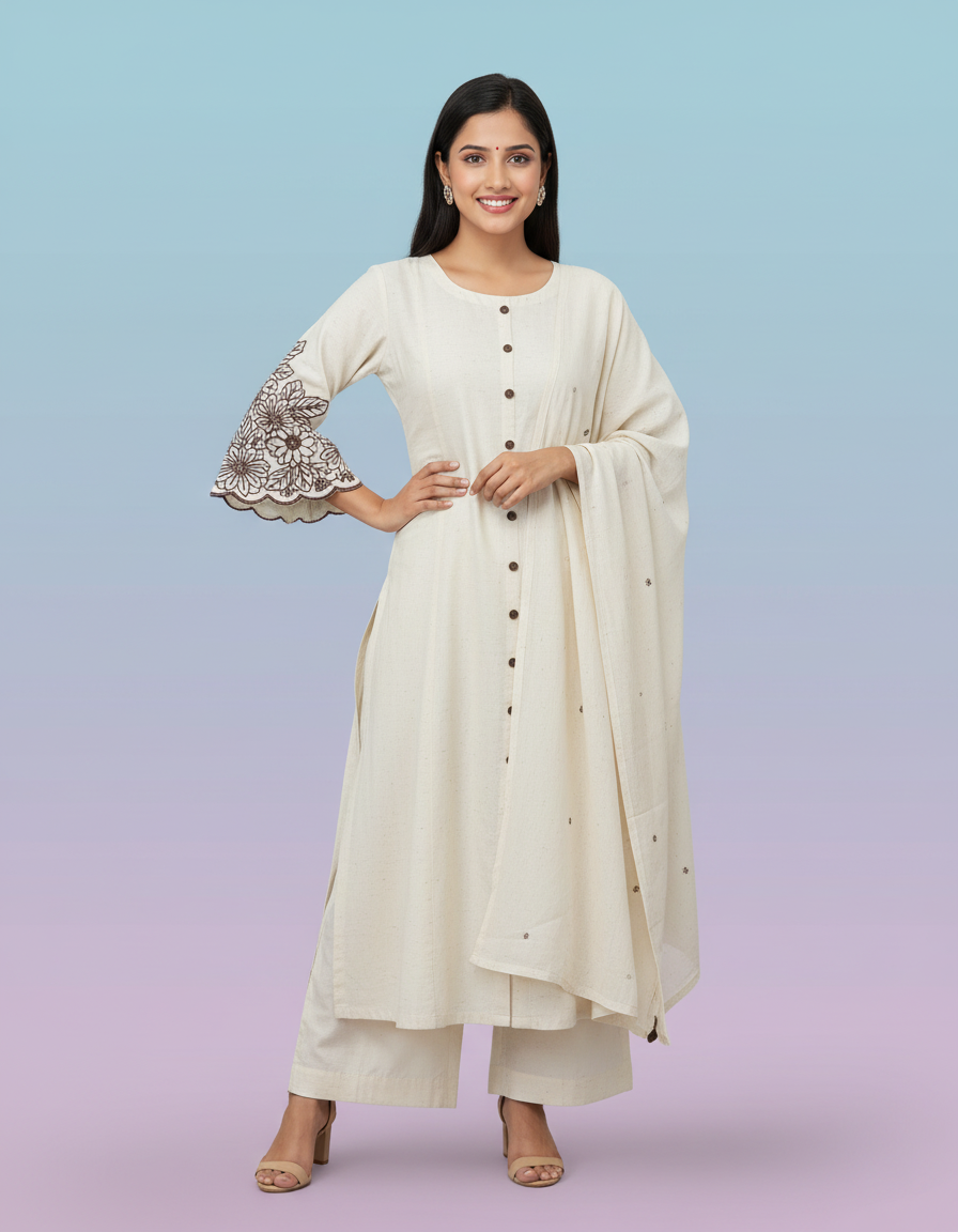 Ivory Button-Down Set with Scalloped Bell Sleeves view 7