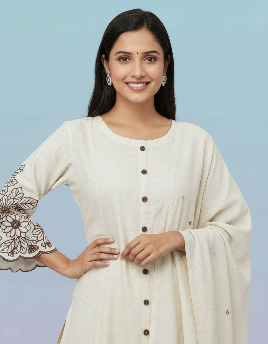 Ivory Button-Down Set with Scalloped Bell Sleeves view 2