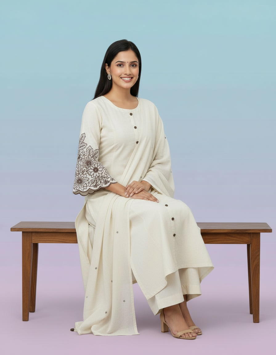 Ivory Button-Down Set with Scalloped Bell Sleeves view 6