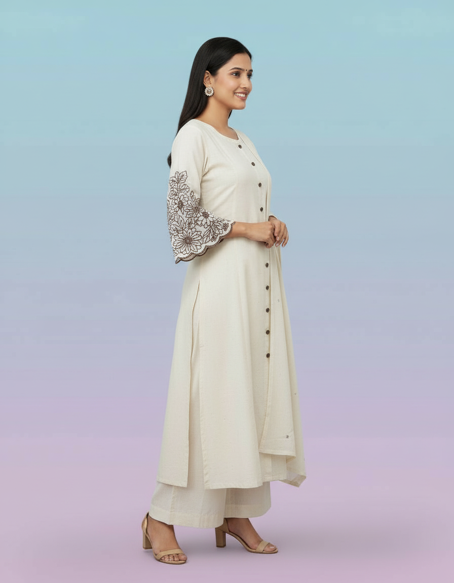Ivory Button-Down Set with Scalloped Bell Sleeves view 3