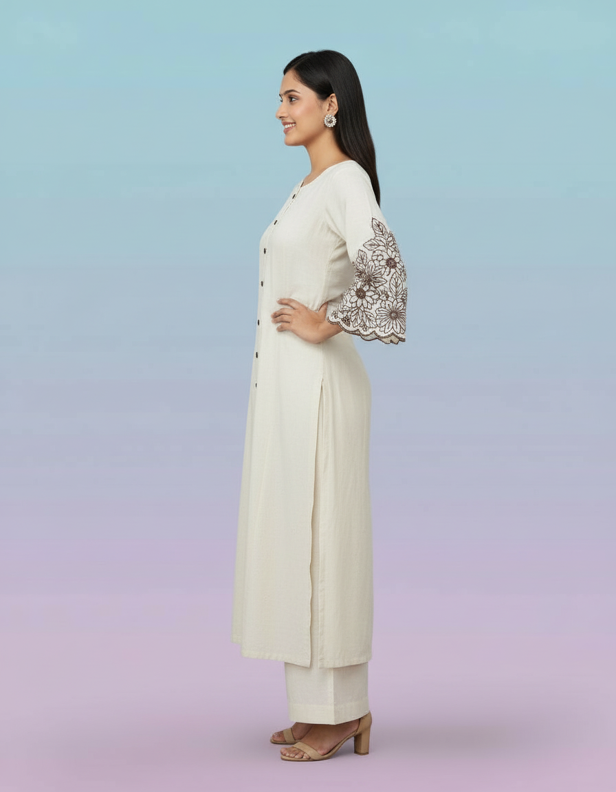 Ivory Button-Down Set with Scalloped Bell Sleeves view 5