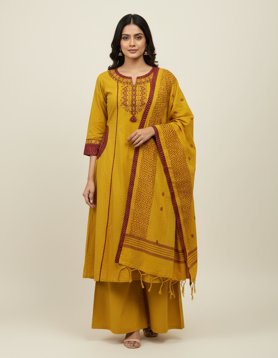 Mustard Yellow Embroidered Kurta Set with Chevron Dupatta view 7