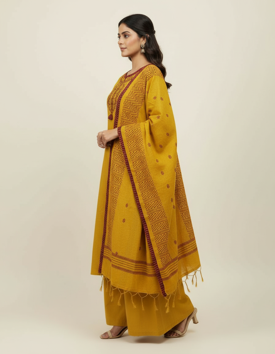 Mustard Yellow Embroidered Kurta Set with Chevron Dupatta view 3