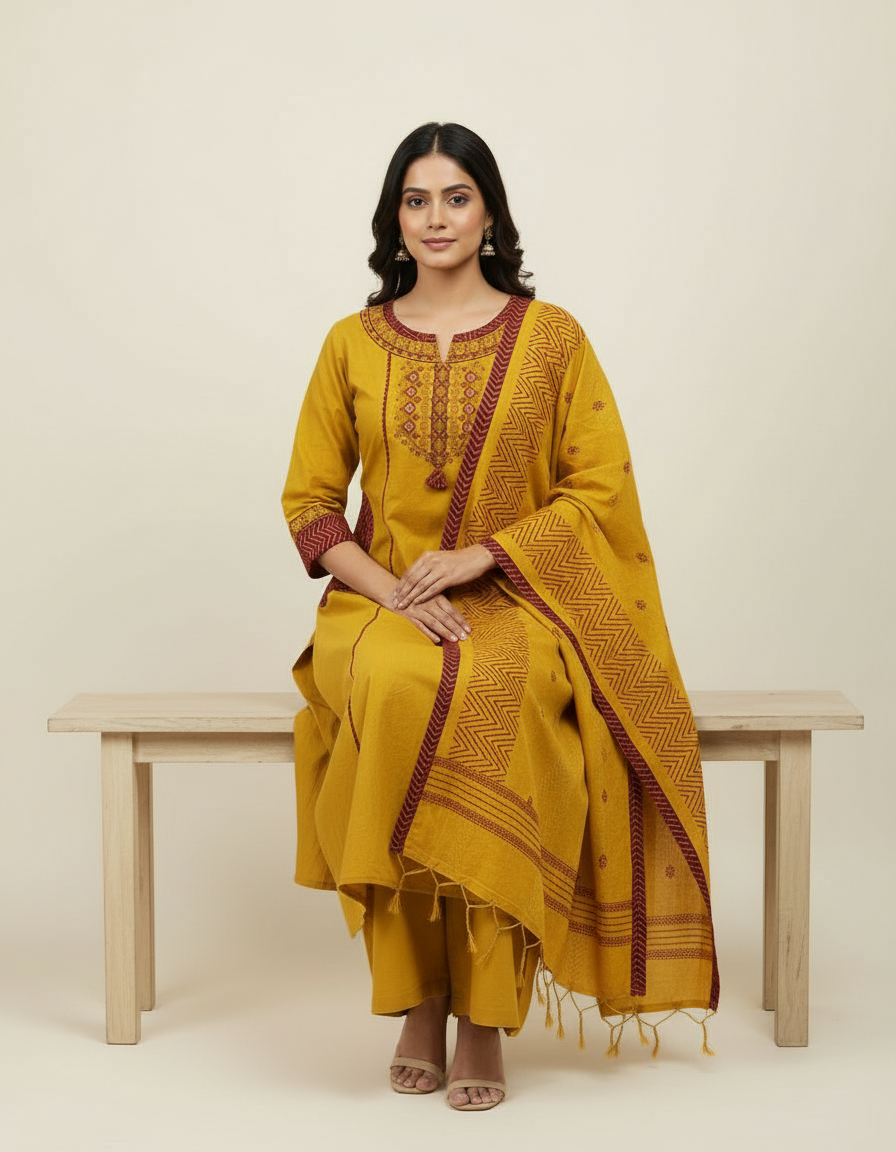 Mustard Yellow Embroidered Kurta Set with Chevron Dupatta view 6