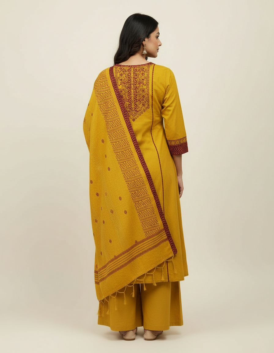 Mustard Yellow Embroidered Kurta Set with Chevron Dupatta view 4