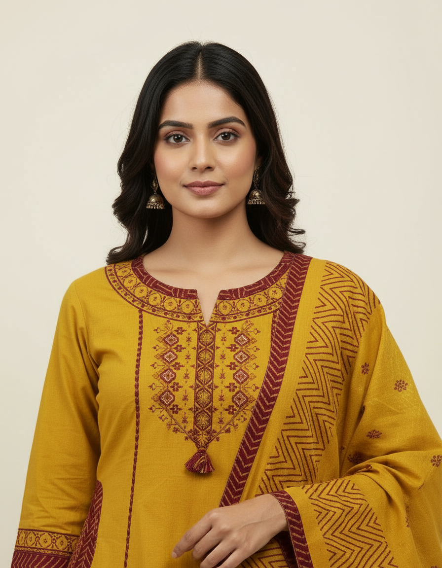 Mustard Yellow Embroidered Kurta Set with Chevron Dupatta view 2