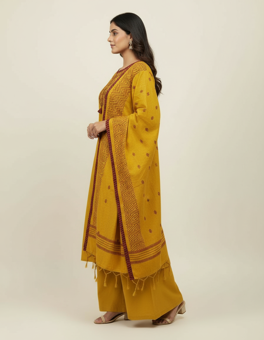 Mustard Yellow Embroidered Kurta Set with Chevron Dupatta view 5