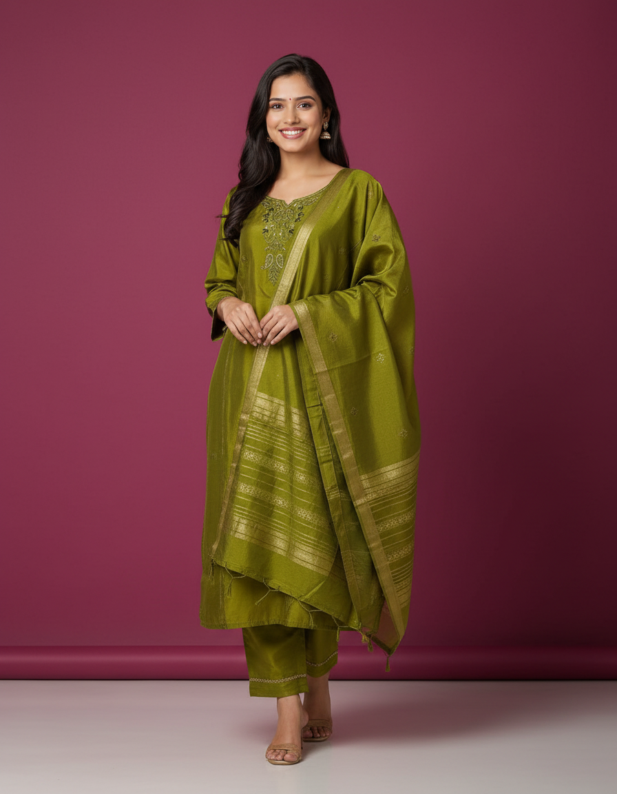 Olive Green Zari-Embroidered Silk Blend Suit Set view 8