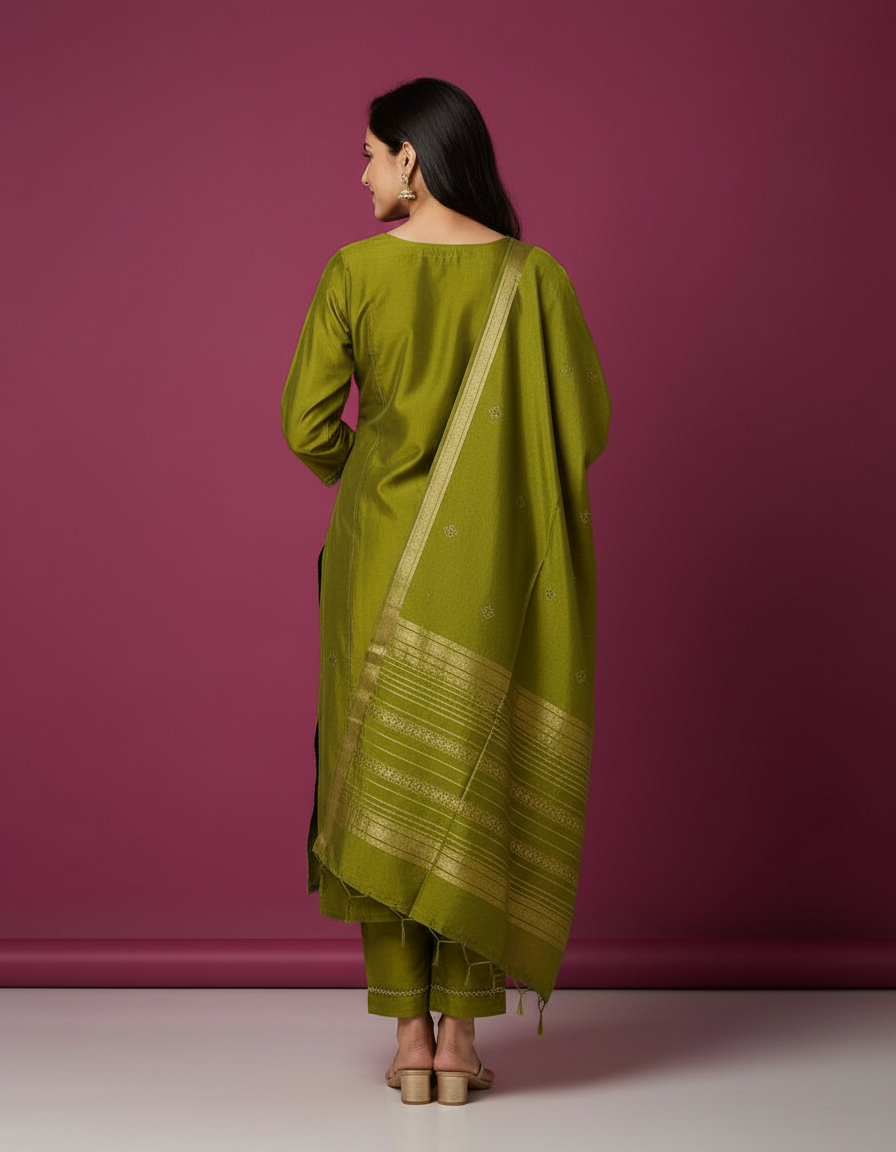 Olive Green Zari-Embroidered Silk Blend Suit Set view 6
