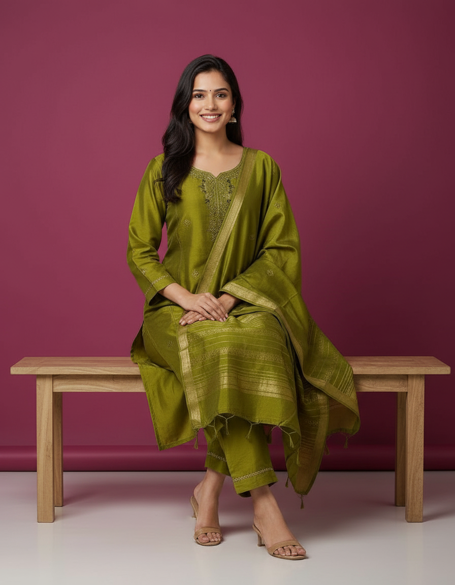 Olive Green Zari-Embroidered Silk Blend Suit Set view 7