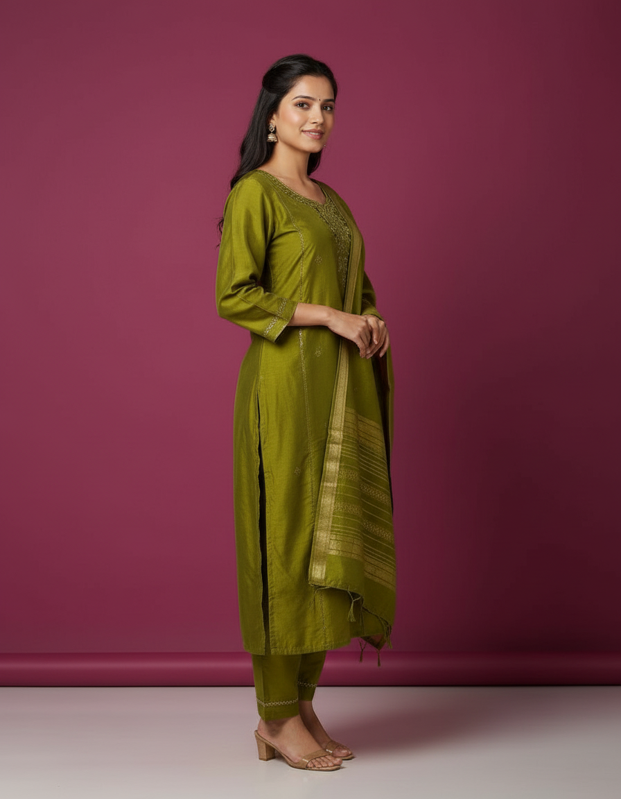 Olive Green Zari-Embroidered Silk Blend Suit Set view 3