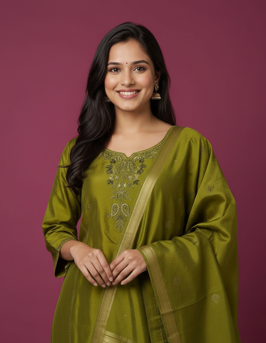Olive Green Zari-Embroidered Silk Blend Suit Set view 4