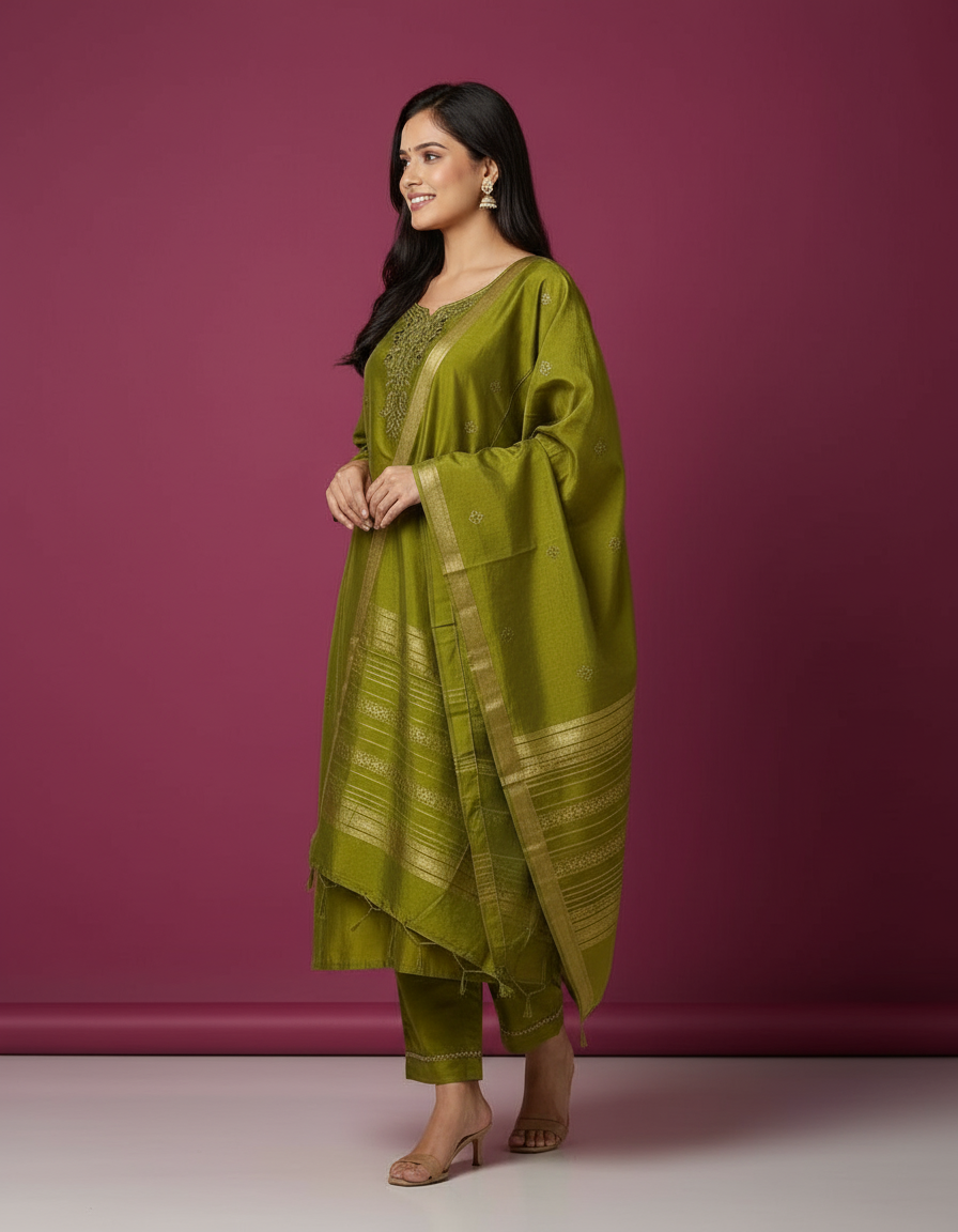 Olive Green Zari-Embroidered Silk Blend Suit Set view 5