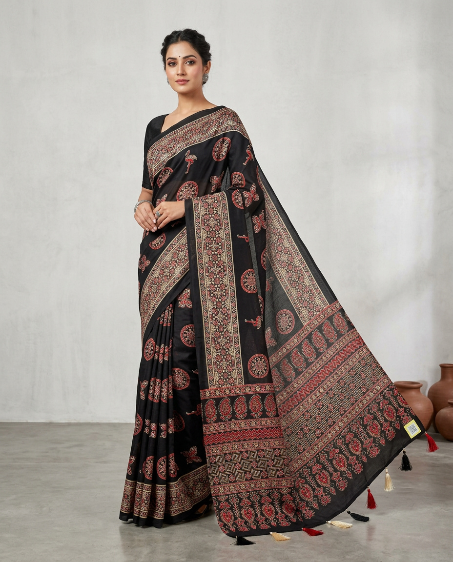 Black Butterfly Ajrakh Print Saree