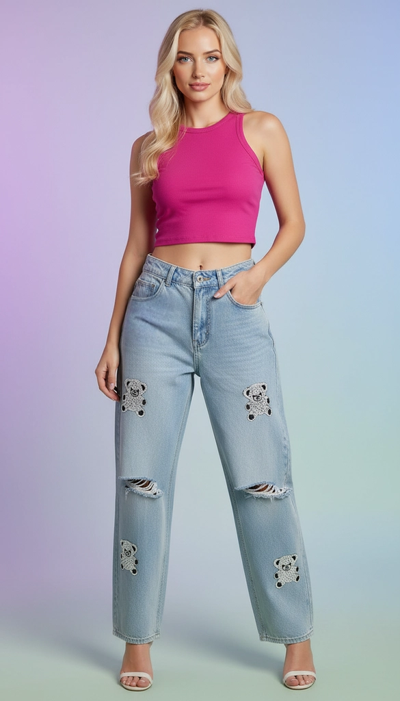 Panda Embellished High-Waisted Jeans