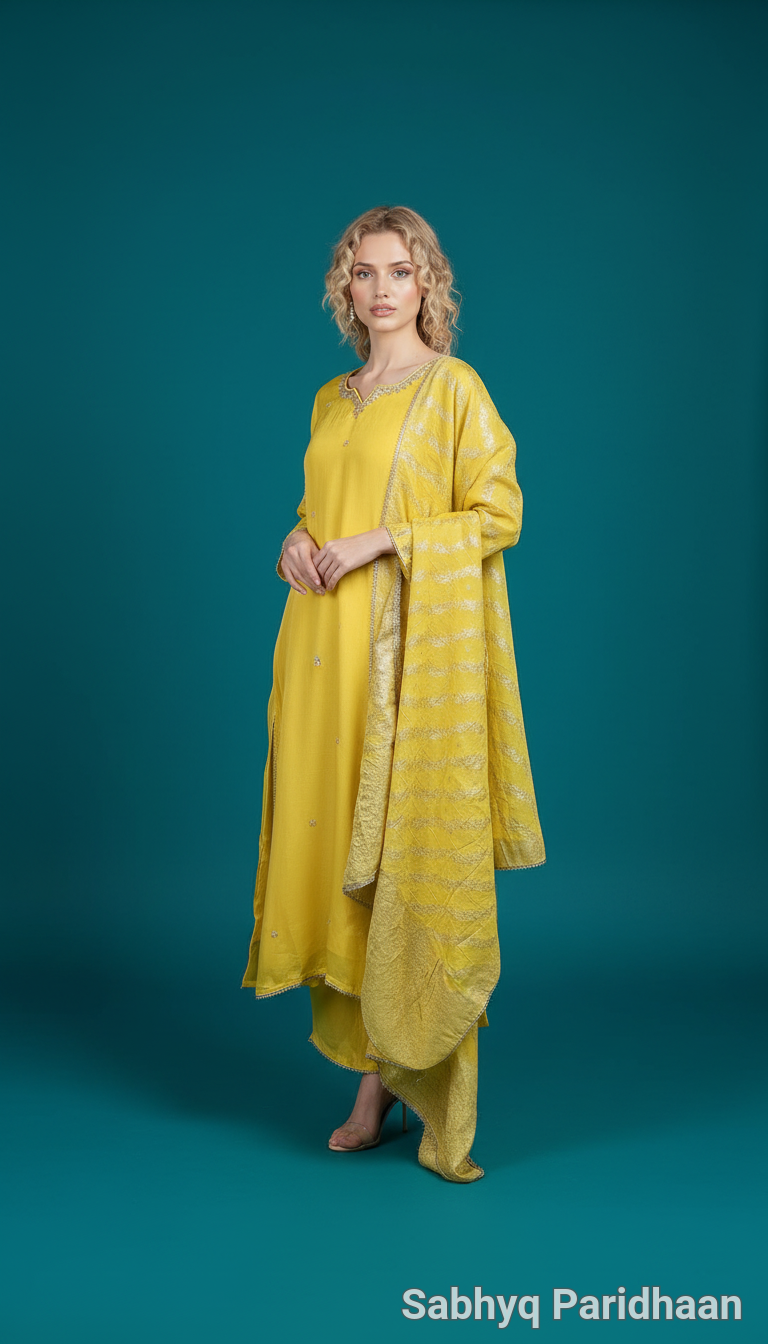 Yellow Kurta Suit With Brocade Dupatta