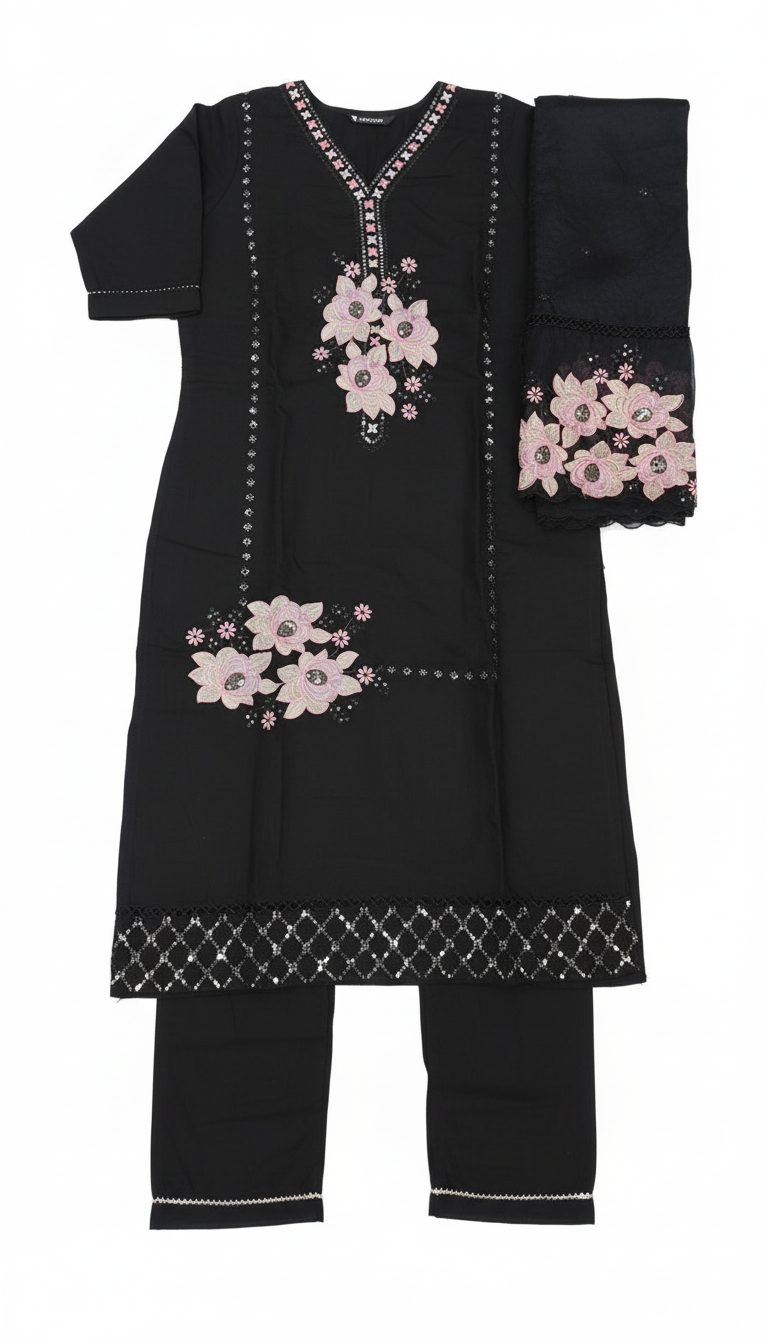 Neerus Black Embroidered Kurthi Set view 2