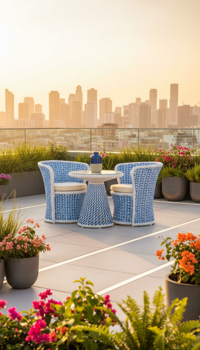 Blue and White Woven Outdoor Furniture Set