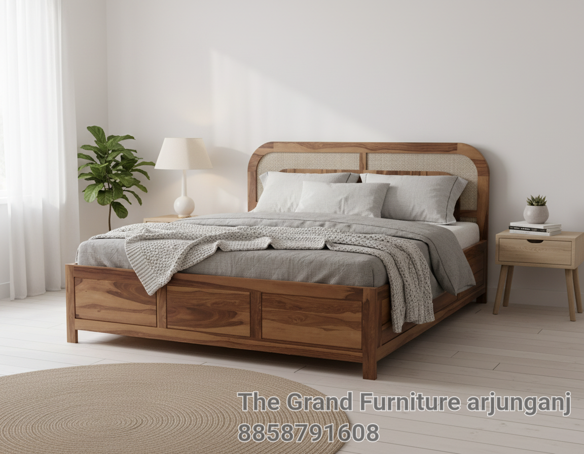 Wooden Bed with Upholstered Headboard